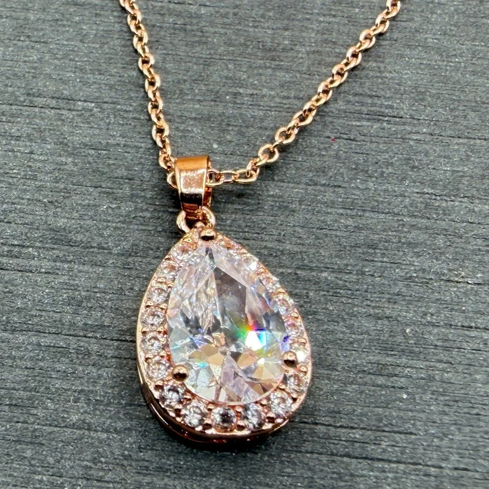 Rose Gold Tone Pear Cut CZ Halo Pendant Necklace Clear Crystal Bridal Jewelry